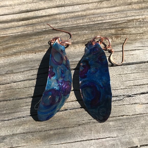 Handmade Solid Copper Earrings Blue Patina Embossed Abstract Circles Bohemian - Picture 3 of 7